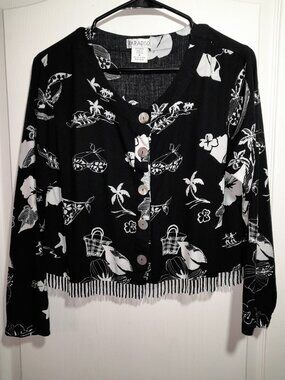 Paradiso black and white all over print tropical long sleeve cropped Beaded